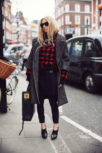 Red and Black Print Crew-neck Sweater Outfits For Women: 