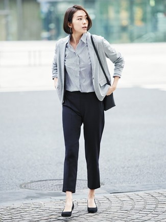 Women's Black Suede Pumps, Black Tapered Pants, Navy and White Vertical Striped Dress Shirt, Grey Knit Blazer