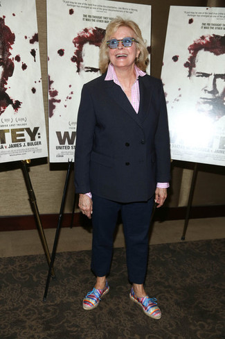 Candice Bergen wearing Multi colored Espadrilles, Navy Tapered Pants, Pink Gingham Dress Shirt, Black Double Breasted Blazer
