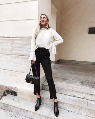 Women's Black Leather Ankle Boots, Black Tapered Pants, White Ruffle Long Sleeve Blouse, White Cable Sweater
