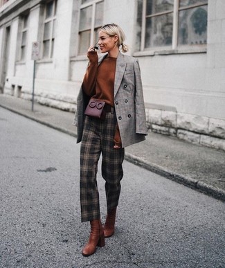 Women's Tobacco Leather Ankle Boots, Dark Brown Check Tapered Pants, Tobacco Oversized Sweater, Grey Plaid Double Breasted Blazer