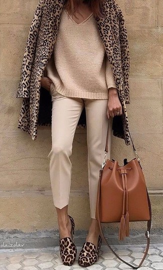Women's Brown Leopard Calf Hair Loafers, Beige Tapered Pants, Tan Knit Oversized Sweater, Tan Leopard Pea Coat
