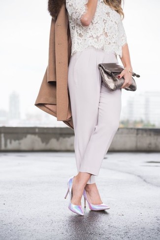 Women's Silver Leather Pumps, Grey Tapered Pants, White Lace Short Sleeve Blouse, Brown Fur Collar Coat
