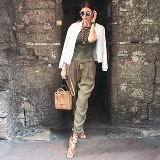 Women's Tan Leather Gladiator Sandals, Olive Tapered Pants, Olive Crochet Sleeveless Top, White Bomber Jacket