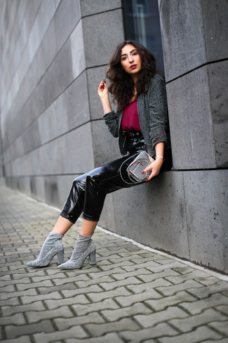 Women's Grey Elastic Ankle Boots, Black Leather Tapered Pants, Burgundy Chiffon Tank, Charcoal Tweed Jacket