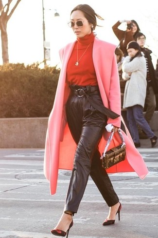 Women's Red and Black Suede Pumps, Black Leather Tapered Pants, Red Turtleneck, Pink Coat