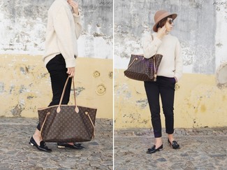 Women's Dark Brown Print Leather Tote Bag, Black Leather Tassel Loafers, Black Capri Pants, Beige Oversized Sweater