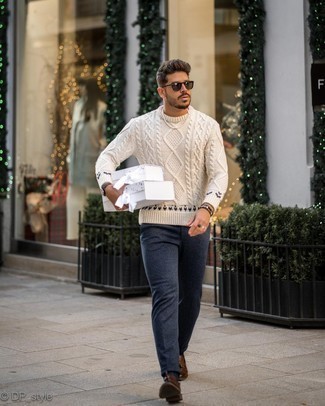 White Cable Sweater Outfits For Men: 