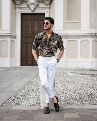 Black Print Long Sleeve Shirt Outfits For Men: 