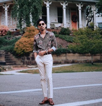 Dark Brown Floral Long Sleeve Shirt Outfits For Men: 