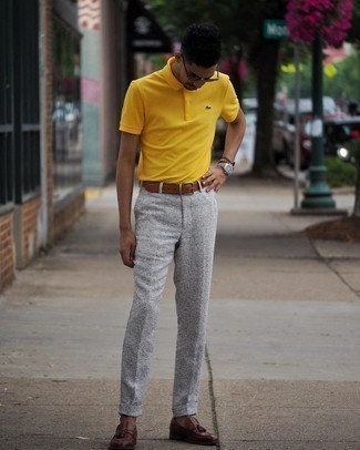 Men's Brown Leather Belt, Dark Brown Leather Tassel Loafers, Grey Plaid Chinos, Mustard Polo