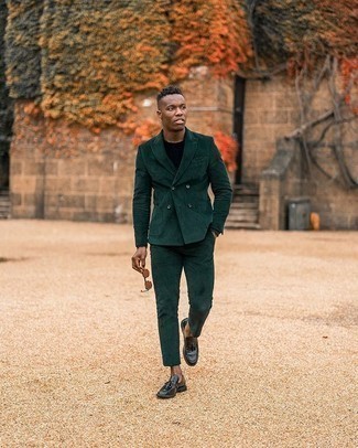 Black Crew-neck Sweater with Dark Green Suit Outfits: 