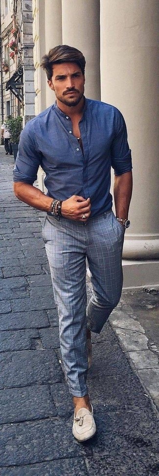 Men's Brown Leather Watch, Beige Suede Tassel Loafers, Grey Check Dress Pants, Blue Chambray Long Sleeve Shirt