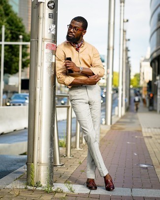 Men's White and Red and Navy Bandana, Brown Leather Tassel Loafers, Grey Dress Pants, Tan Linen Long Sleeve Shirt
