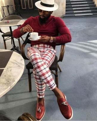 Men's Beige Straw Hat, Red Leather Tassel Loafers, White and Red Plaid Dress Pants, Red Turtleneck