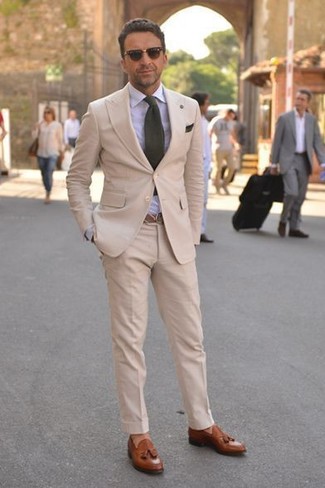 Men's Olive Tie, Brown Leather Tassel Loafers, Light Blue Dress Shirt, Beige Suit