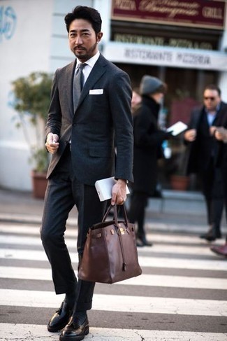 Dark Brown Leather Tote Bag Outfits For Men: 