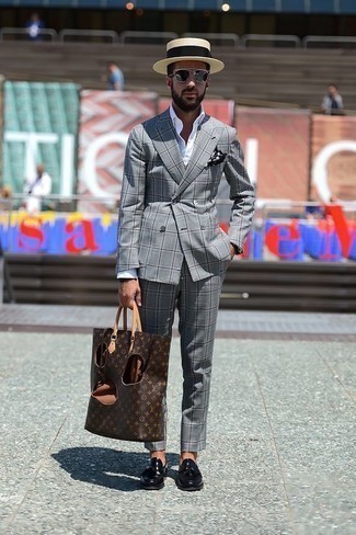 Men's Dark Brown Print Leather Tote Bag, Black Leather Tassel Loafers, White Dress Shirt, Grey Plaid Suit