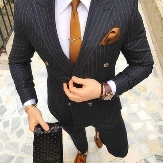 Men's Tan Silk Tie, Tobacco Leather Tassel Loafers, White Dress Shirt, Black Vertical Striped Suit