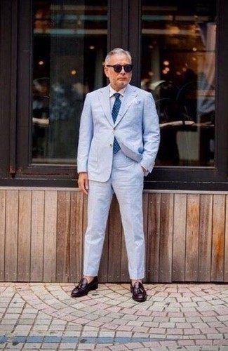 Men's Blue Polka Dot Tie, Burgundy Leather Tassel Loafers, White Dress Shirt, Light Blue Suit