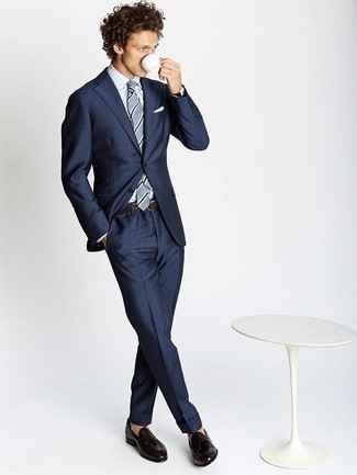 Light Blue Horizontal Striped Tie Outfits For Men: 