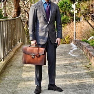 Men's Tobacco Leather Briefcase, Dark Brown Suede Tassel Loafers, Light Blue Chambray Dress Shirt, Charcoal Vertical Striped Suit