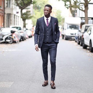 Blue Check Three Piece Suit Outfits: 
