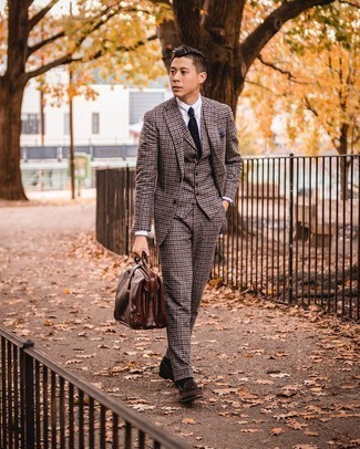Brown Check Wool Three Piece Suit Outfits: 