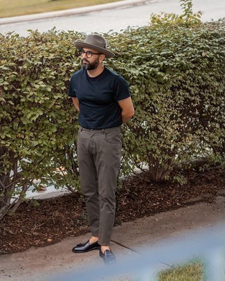 Men's Grey Wool Hat, Black Leather Tassel Loafers, Charcoal Jeans, Navy Crew-neck T-shirt