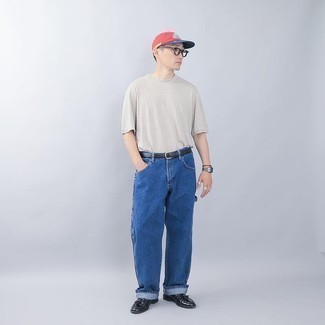 Men's Red Print Baseball Cap, Black Leather Tassel Loafers, Navy Jeans, Grey Crew-neck T-shirt