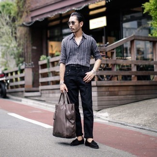 Men's Dark Brown Leather Tote Bag, Black Suede Tassel Loafers, Black Jeans, Charcoal Vertical Striped Long Sleeve Shirt
