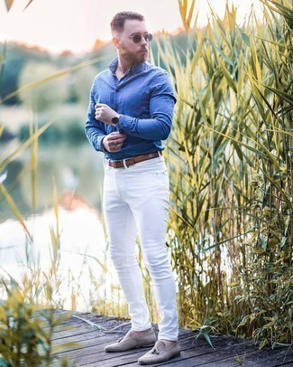 Blue Linen Long Sleeve Shirt Outfits For Men: 