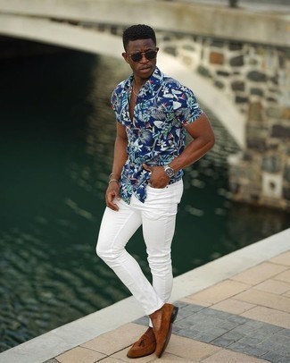 Men's Dark Brown Sunglasses, Brown Suede Tassel Loafers, White Jeans, Navy Floral Short Sleeve Shirt