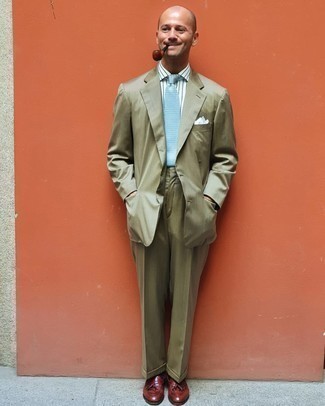 Men's Light Blue Print Tie, Brown Leather Tassel Loafers, White and Green Vertical Striped Short Sleeve Shirt, Olive Suit