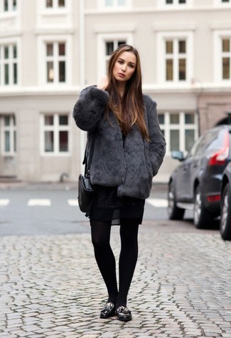 Women's Black Leather Crossbody Bag, Black Leopard Leather Tassel Loafers, Black Lace Skater Dress, Charcoal Fur Jacket