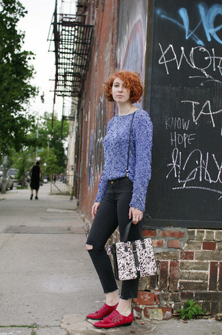 Blue Fluffy Crew-neck Sweater Outfits For Women: 