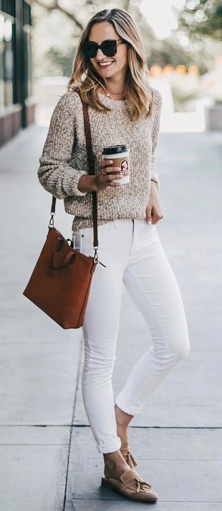 Beige Boucle Crew-neck Sweater Outfits For Women: 