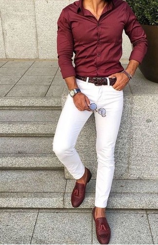 Men's Dark Brown Woven Leather Belt, Burgundy Leather Tassel Loafers, White Skinny Jeans, Burgundy Dress Shirt