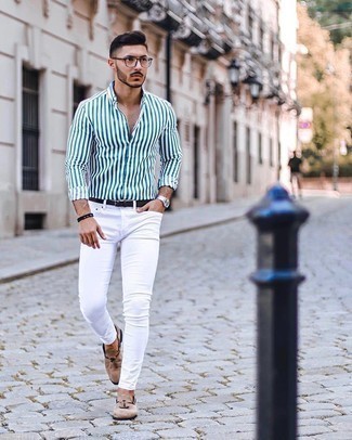 Men's Black Leather Belt, Beige Suede Tassel Loafers, White Skinny Jeans, White and Blue Vertical Striped Long Sleeve Shirt