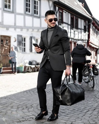 Black Leather Holdall Dressy Outfits For Men: 