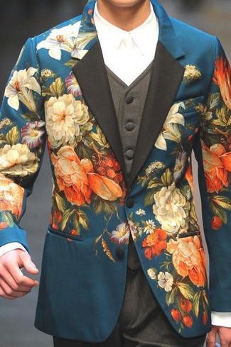 Teal Floral Blazer Outfits For Men: A teal floral blazer and charcoal dress pants are robust players in any gent's sartorial collection.