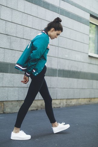 Women's Teal Bomber Jacket, White Crew-neck T-shirt, Black Skinny Jeans, White Canvas Low Top Sneakers