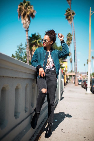 Women's Teal Bomber Jacket, White Print Crew-neck T-shirt, Black Ripped Skinny Jeans, Black Leather Ankle Boots