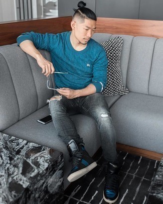 Charcoal Ripped Jeans Outfits For Men: A teal cable sweater looks especially good when married with charcoal ripped jeans. The whole outfit comes together perfectly when you complement this getup with black leather high top sneakers.