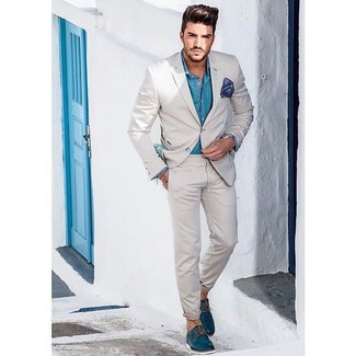 Light Blue Long Sleeve Shirt with Beige Suit Outfits: 