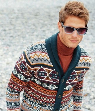 Dark Green Fair Isle Shawl Cardigan Outfits For Men: Breathe personality into your day-to-day styling routine with a dark green fair isle shawl cardigan and a tobacco turtleneck.