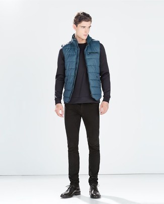 Teal Gilet Outfits For Men: Consider pairing a teal gilet with black jeans if you seek to look laid-back and cool without too much work. A good pair of black leather casual boots is the simplest way to bring an extra touch of style to this look.