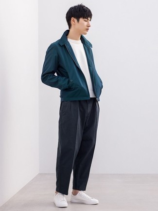 Teal Harrington Jacket Outfits: This ensemble with a teal harrington jacket and black chinos isn't a hard one to achieve and is easy to adapt according to circumstances. When this getup is just too much, dial it down by rounding off with white canvas low top sneakers.