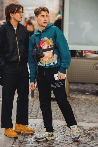 Teal Print Hoodie Outfits For Men: A teal print hoodie and black and white print chinos are the perfect base for a casually stylish look. Finish off with beige athletic shoes to punch up your look.