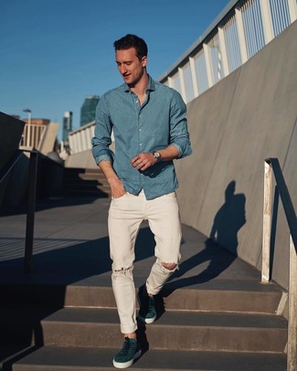 Men's Silver Watch, Teal Suede Low Top Sneakers, White Ripped Jeans, Light Blue Chambray Long Sleeve Shirt